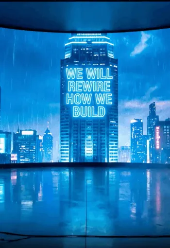 Film crew recording a large curved LED screen showing a futuristic city skyline with the message ‘We will rewire how we build’.